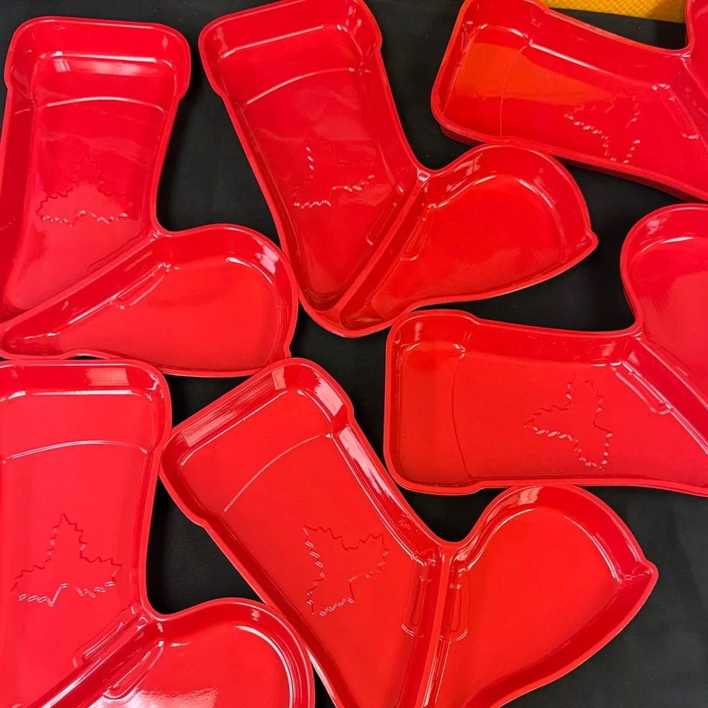 11 All New Plastic Red Boot Shaped Serving Trays Santa Boot style light weight